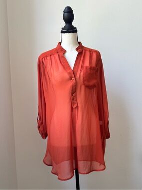 The Impeccable Pig Burnt Orange Sheer Roll-Tab Blouse